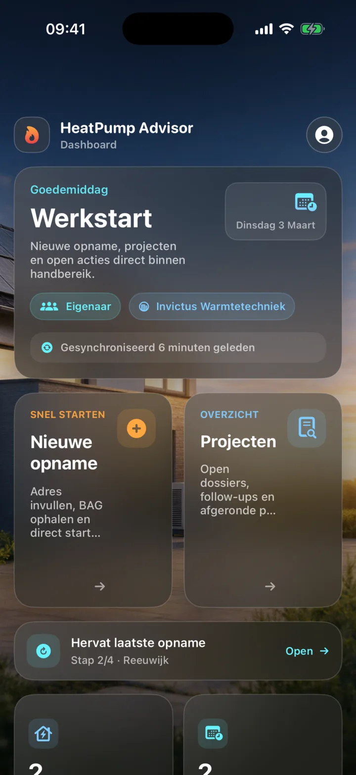 Werkstart-scherm van HeatPump Advisor met projecten en snelle acties