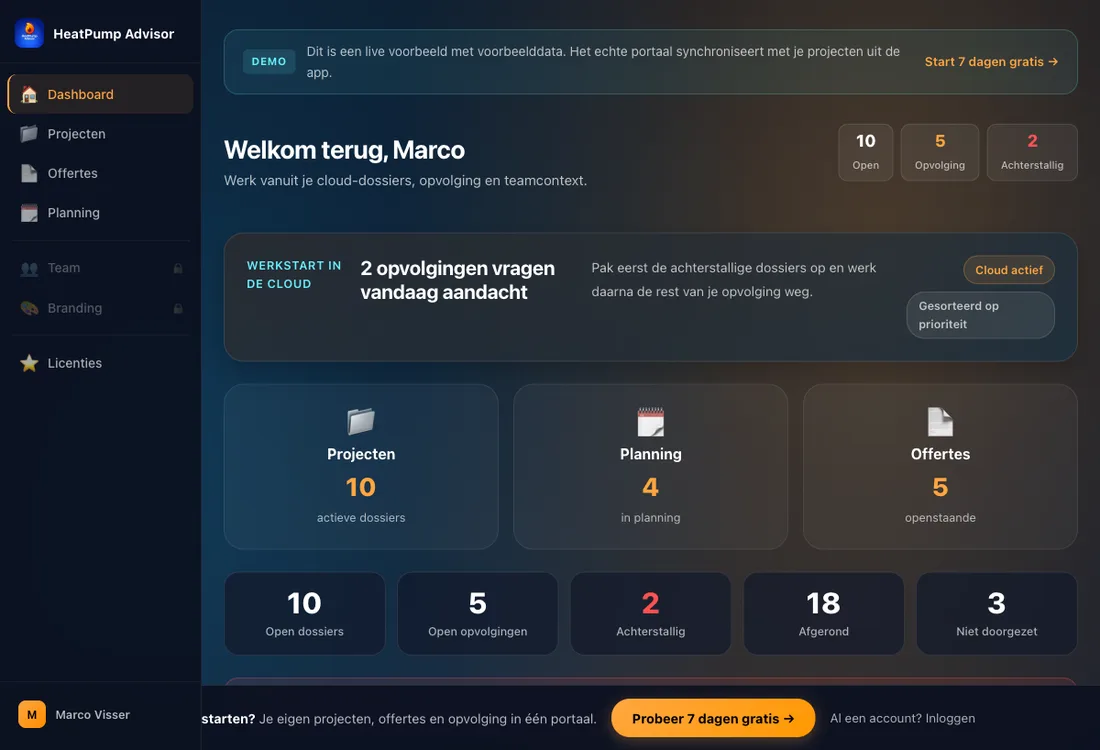 Dashboard van het HeatPump Advisor webportaal met projectoverzicht